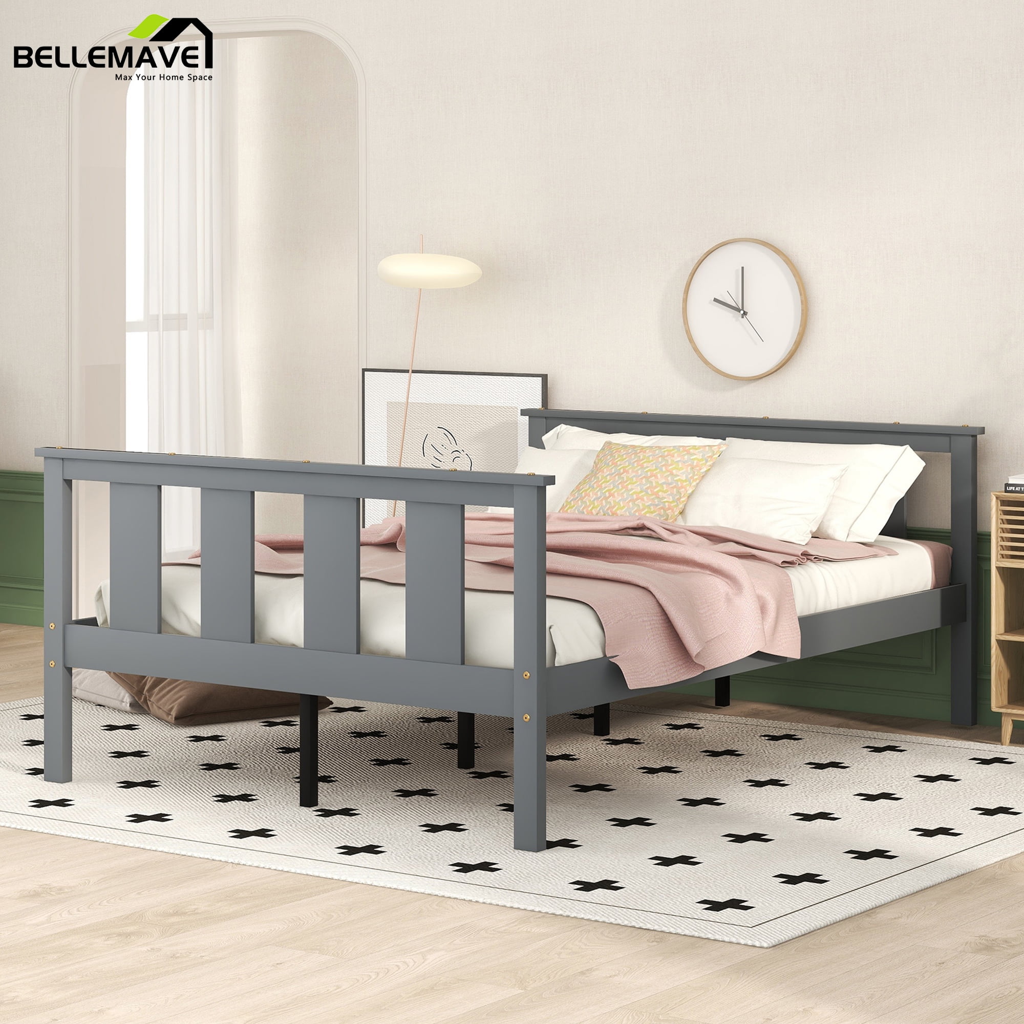 Bellemave Wood Full Size Platform Bed Frame with Headboard and