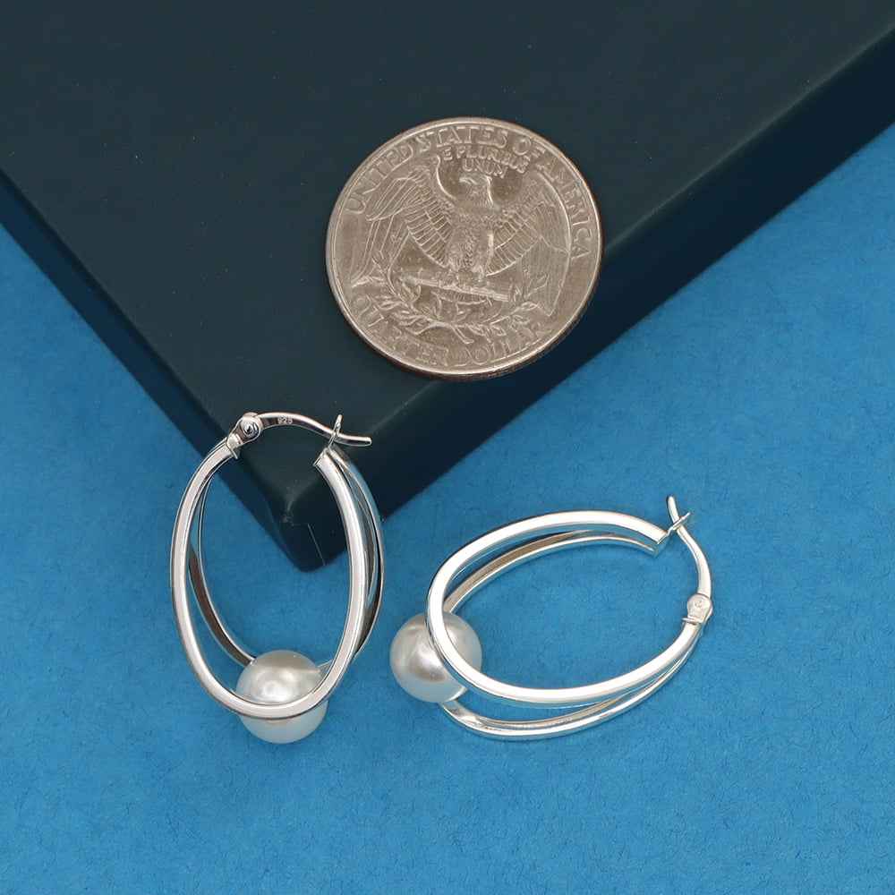 LeCalla 925 Sterling Silver Click Top Pearl Double Hoop Earrings Jewelry Gifts for Women and Teen 29MM
