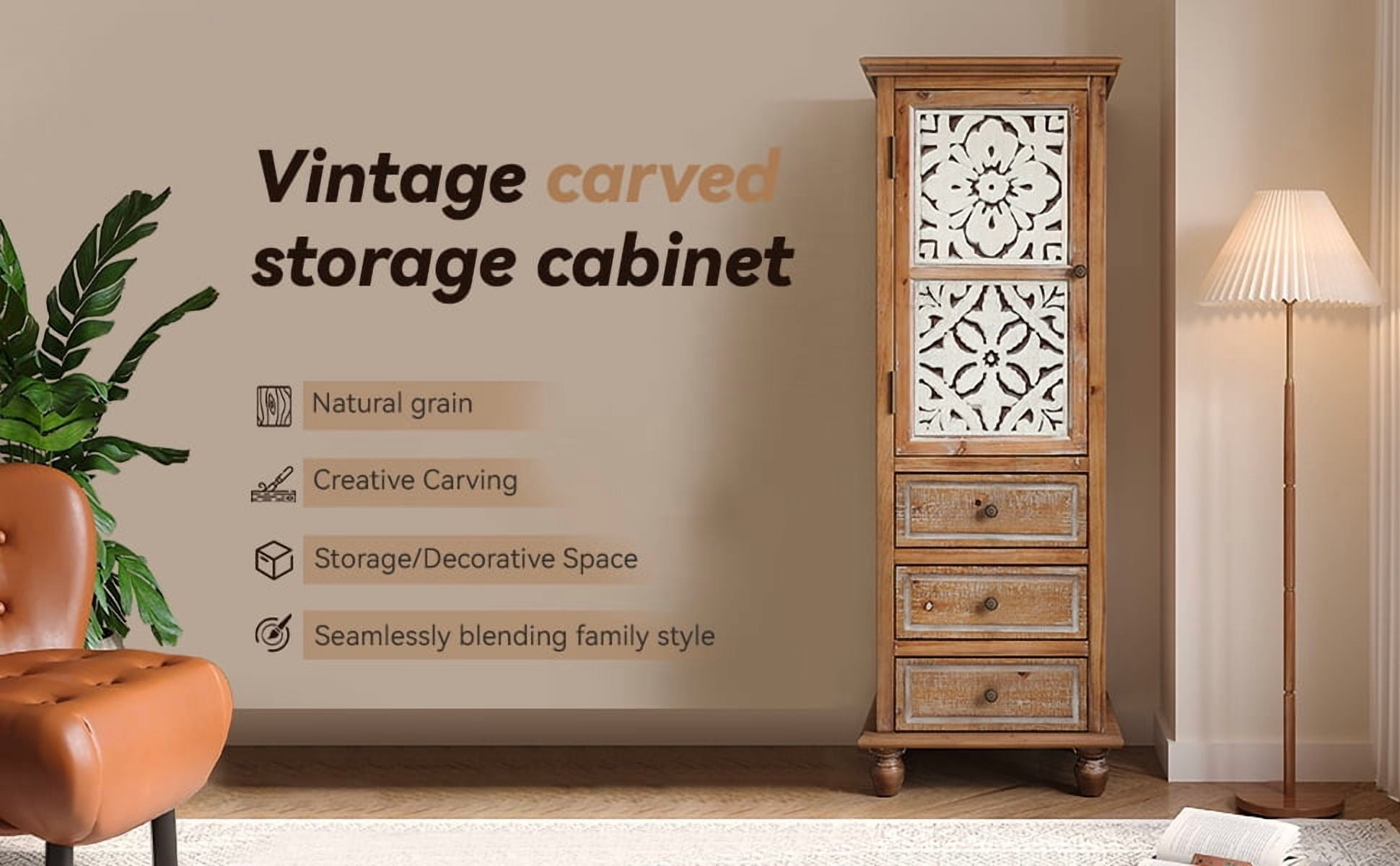 Garitin Storage Cabinet and Tall Narrow Organizer 53.74 Inch, Wooden Hall Tree with Decorative Cutout Door and 3 Drawers for Living Room Bedroom, Natural