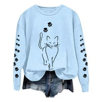 Sweatshirt for Women Oversized Casual Cute Cat Graphic Printed Long Sleeve Looses Round Neck Pullovers Hoodies 2025 Fall Fashion Outfits Clothes Sky Blue-S