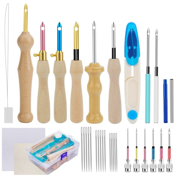 TSV 35pcs Punch Needle Embroidery Kit, Adjustable Wooden Handle Punch Needle Stitching Tool