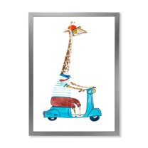 Designart 'Giraffe Dressed Up Wearing Helmet & Riding Blue Scooter' Children's Art Framed Art Print