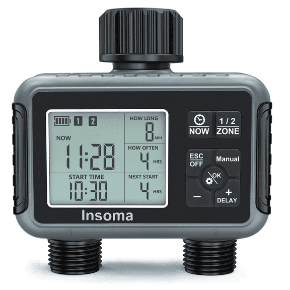 INSOMA  Programmable Water Hose Timer with 2 Independent Zones, Rainproof Irrigation Controller w/ Rain Delay, Child Lock & Large LCD, for Garden, Lawn & Greenhouse Automatic Watering