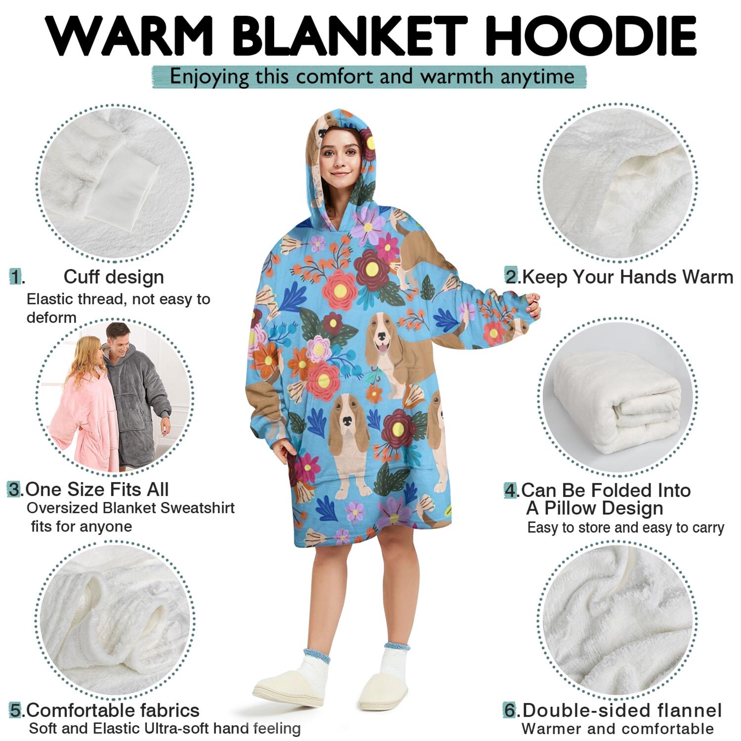 Wearable Oversized Blanket,Basset Hound Dog and Flower Wearable Blanket Hoodie for Adults,Cozy Hooded Blankets with Super Pockets,Super Warm Fuzzy Pullover for Women & Men