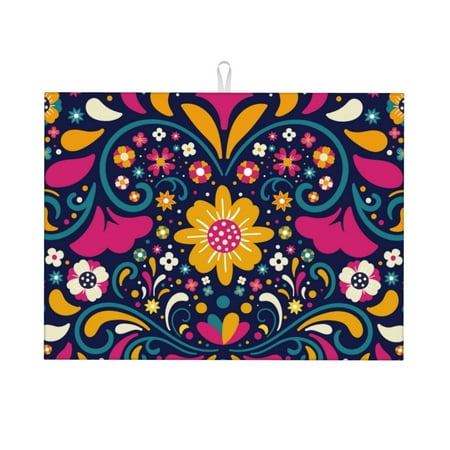 

Tebeau Cinco De Mayo Floral Print Dish Drying Mat for Kitchen Counter Dish Drying Pad with Non-slip Rubber Backed Hide Stain Anti Absorbent for Kitchen Counter Drying Mat