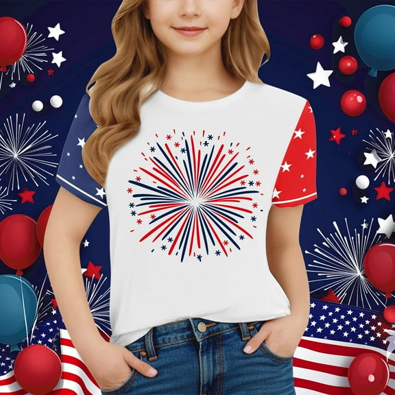 Fatuov Kids Independence Day Tops Patriotic Breathable Graphic Tee for Children Short Sleeve Fourth of July USA Flag Print Round Neck Summer Tshirt 3-15 Years