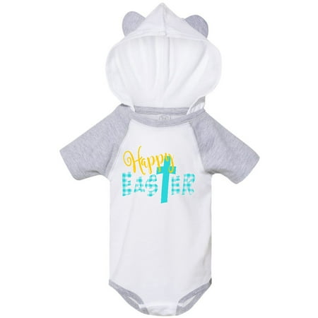 

Inktastic Happy Easter with Cross in Teal Plaid Gift Baby Boy or Baby Girl Bodysuit