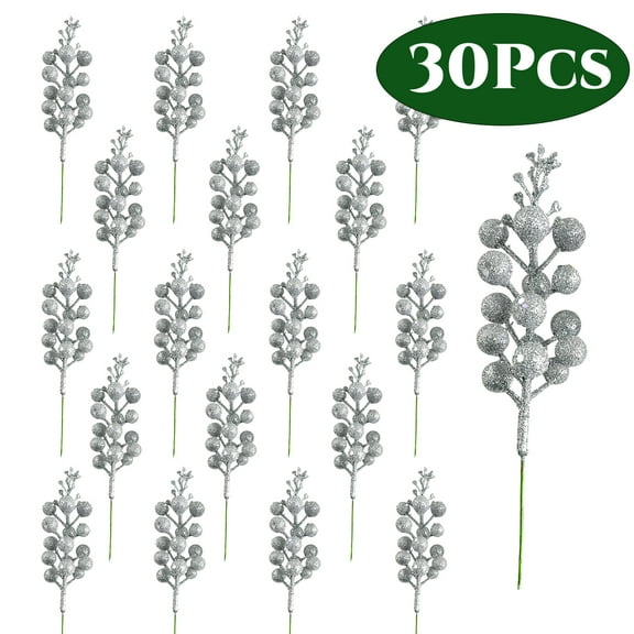 Christmas Picks Artificial Glitter Berries Stems for Tree Ornaments 7.8" , Christmas Tree Picks for DIY Xmas Wreath Crafts Home Decor 30Pcs Silver