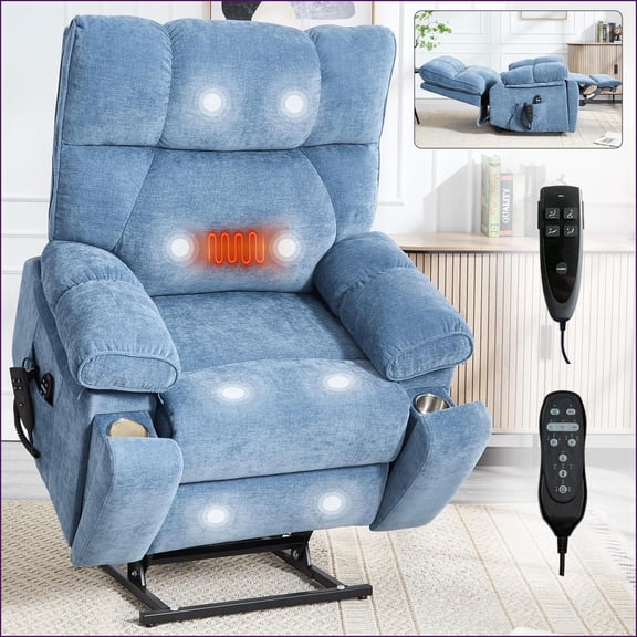 Recliners Oversized Power Lift Chair with Dual Motor, Massage & Heat, Cup Holders | Blue Chenille | 350 lbs Capacity
