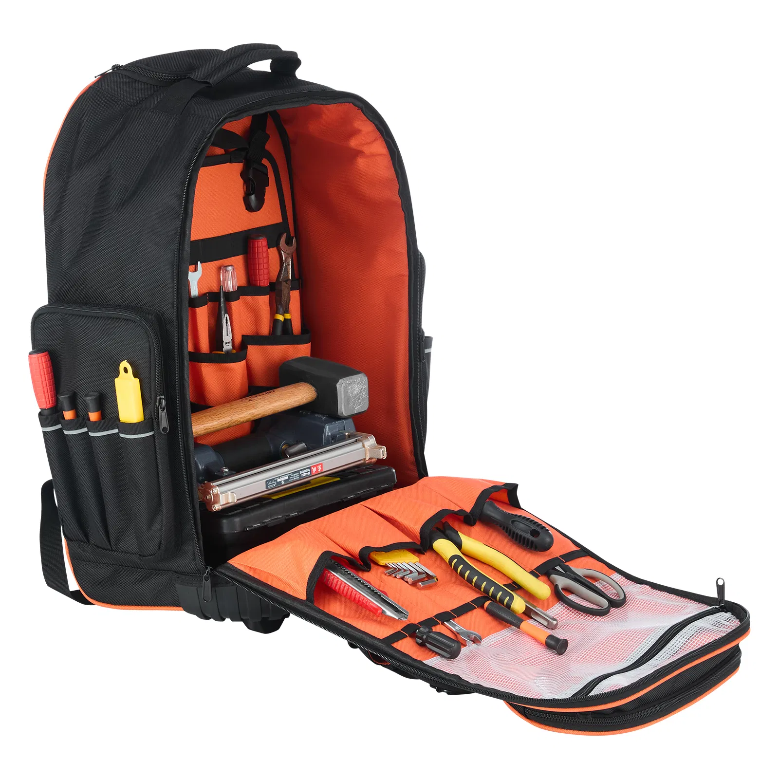 Professional heavy-duty wheeled tool backpack with 72 pockets, a rolling and portable tool bag for construction site operations.