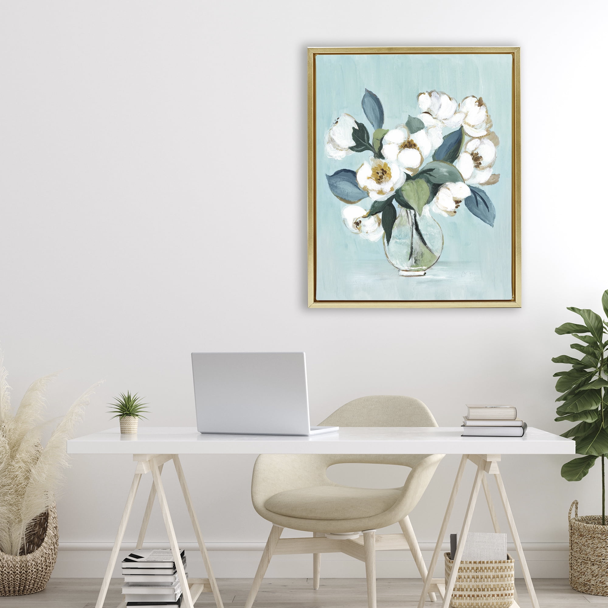 Stupell Industries Magnolia Arrangement over Blue Gold Framed Floater Canvas Wall Art, design by Janet Tava