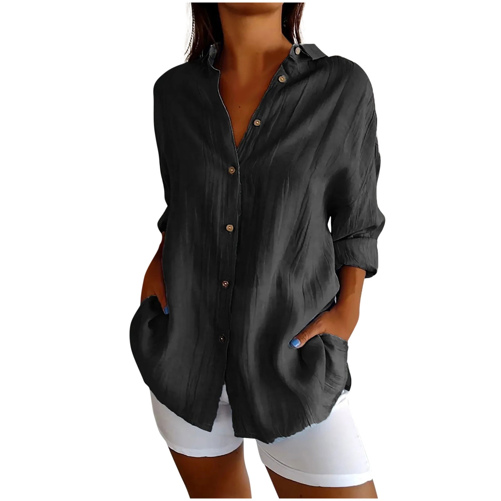 ylioge S-4X Plus Size Shirts for Women 3/4 Sleeve Button-Down Blouses Tops Womens Casual Lightweight Solid Color Collared Work Tshirts Top