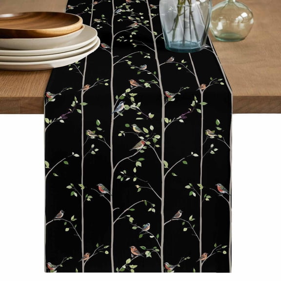 Table Runner 72 Inches Long for Kitchen Dining, Sparrow Dresser Scarf Farmhouse, Dining Table Decorations for Wedding/Parties, Spring Birds on The Branches Vintage Country Black 16 x 72 In