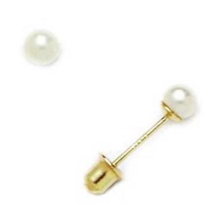 14k Yellow Gold White 3mm Freshwater Cultured Pearl Round Screw-Back Earrings