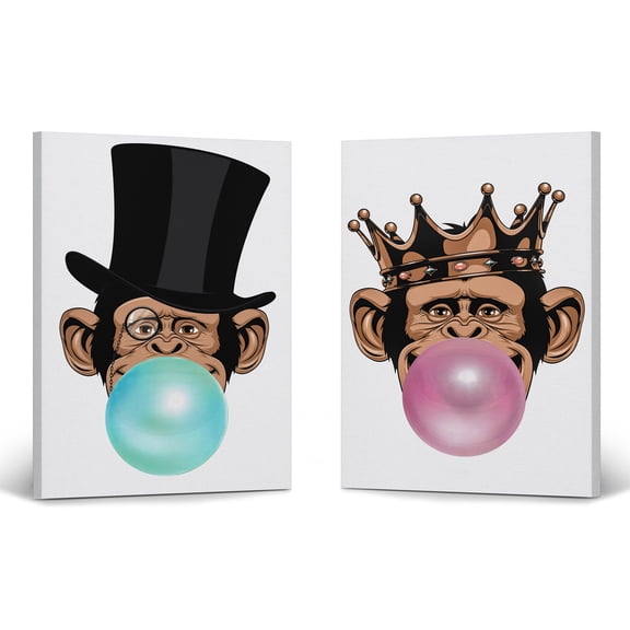 Smile Art Design Funny Monkeys King and Senior Animal Bubble Gum Art 2 PANEL CANVAS PRINT SET Pink Blue Chewing Gum Wall Art Home Decor Living Room Kids Room Nursery Ready to Hang Made in USA 22x15