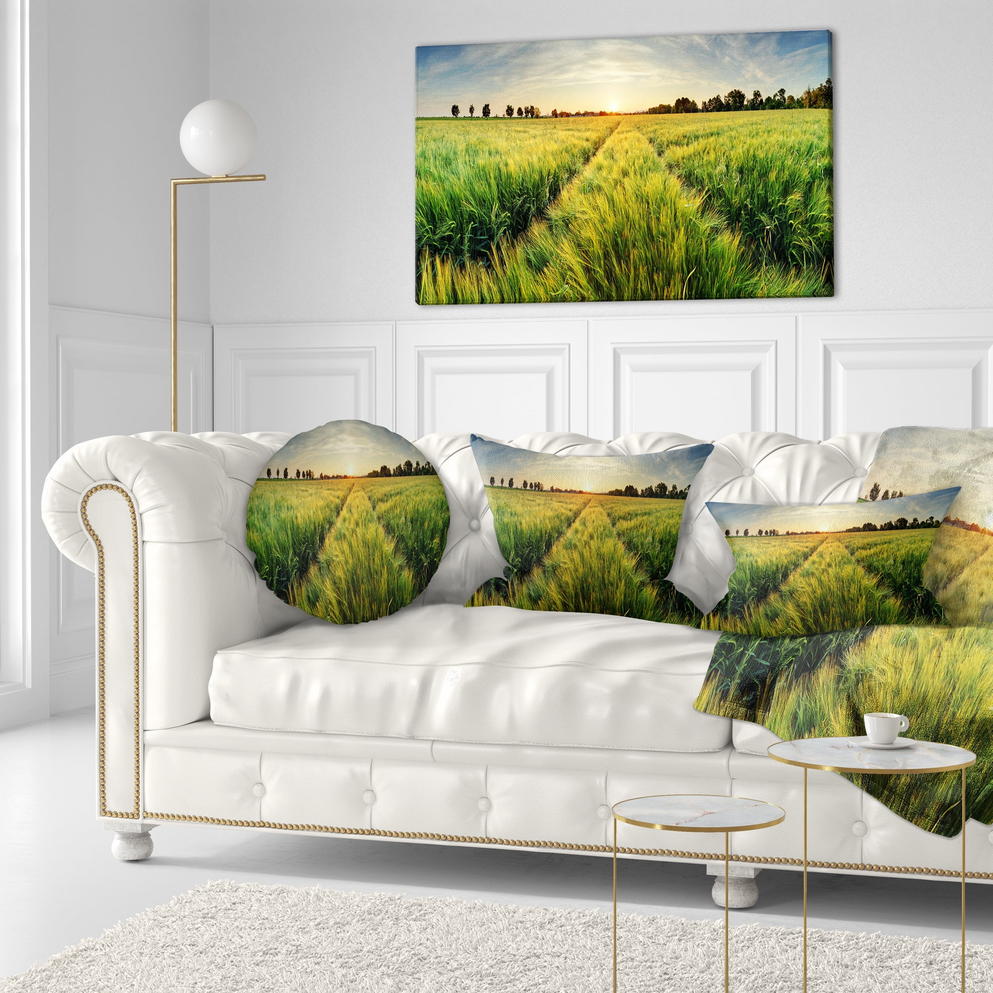 Designart Green Wheat Field at Sunset - Landscape Photography Throw Pillow - 12x20