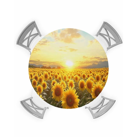nqOlkjepod Sunflower Flowers Round Tablecloth, Fitted Table Cover with Elastic for 36"-44" Round Tables, Summer Watercolor Floral Field Table Cloth Outdoor Dinning Party Waterproof Tablecloths