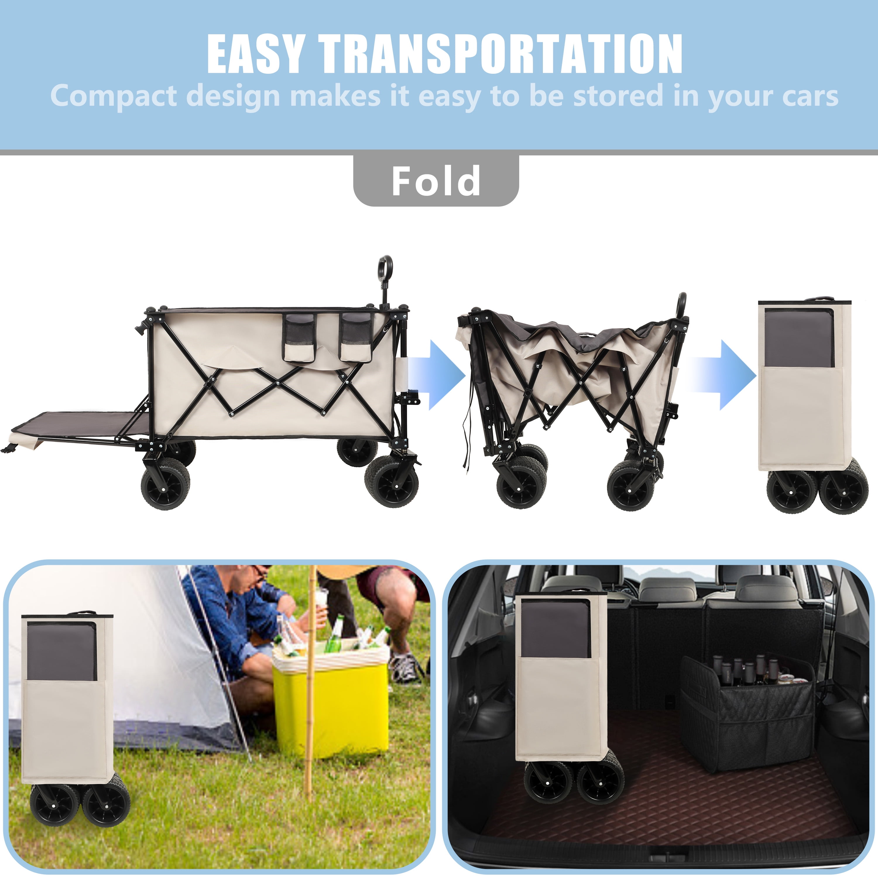 Yoneston 480LBS Collapsible Wagon Cart with Extended Tailgate, Portable Adjustable Designed Heavy Duty Extender Wagon for Camping, Picinc, Shopping, Beach, Grocery Transport, Gray