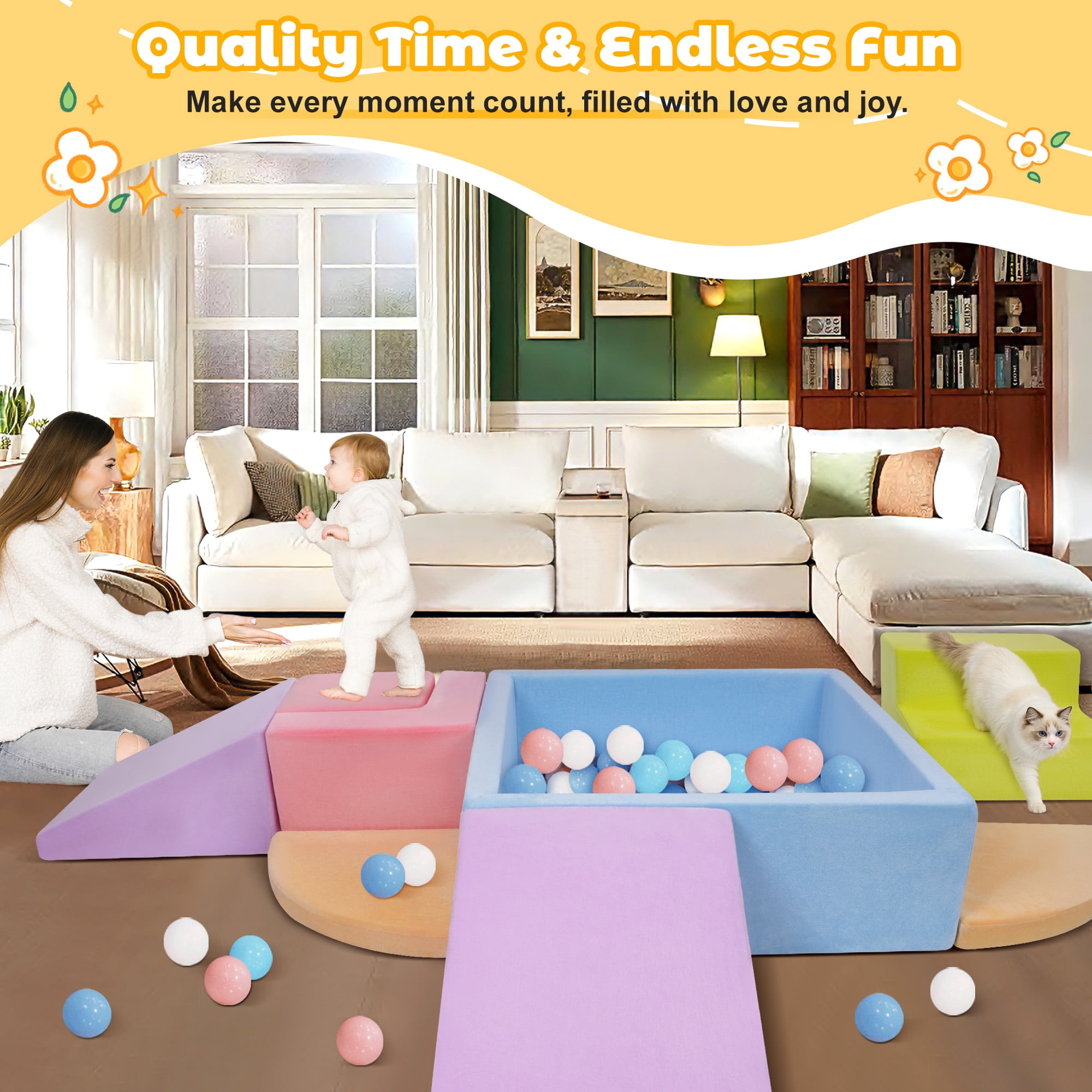 Yexmas 7-Piece Climbing Toys Soft Foam Set with Ball Pit,Indoor Play Gym Set for Toddlers