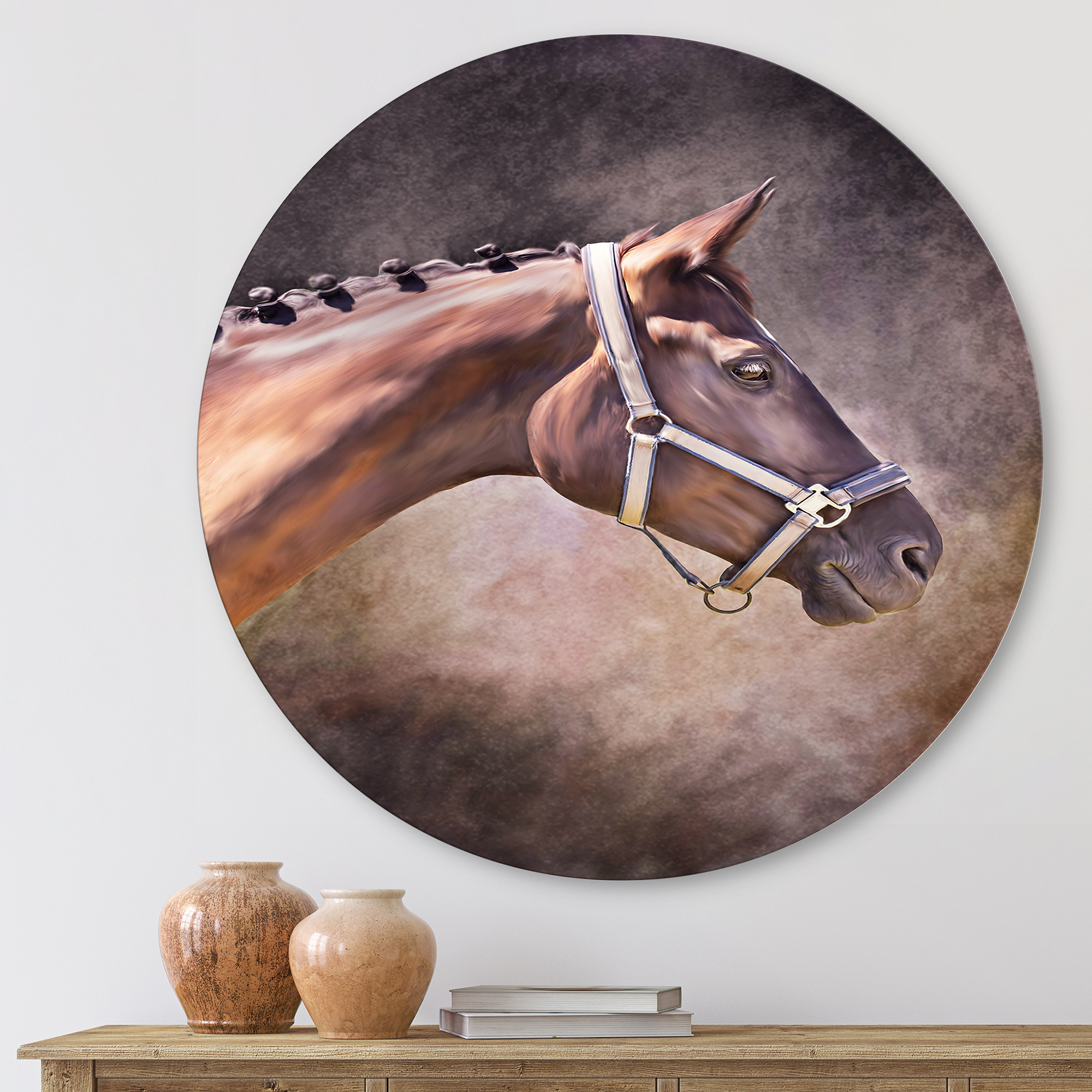 Designart 'Close Up Portrait Of Brown Horse' Farmhouse Circle Metal Wall Art 11x11 - Disc of 11