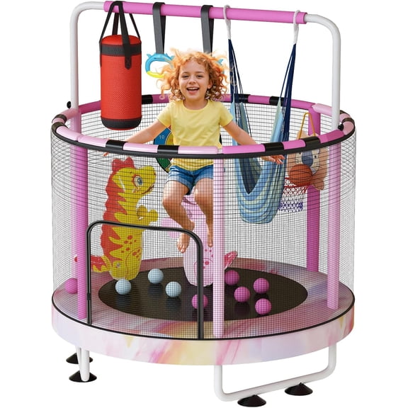 baxluxe Toddler Indoor Bounce Trampoline with Safety Net, 3-in-1 Kids Play Trampoline with Toy Bar & Basketball Hoop