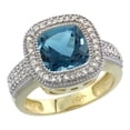 thumbnail image 1 of 10K Yellow Gold Natural London Blue Topaz Ring Cushion-cut 9x9mm Diamond Accent, size 5, 1 of 1