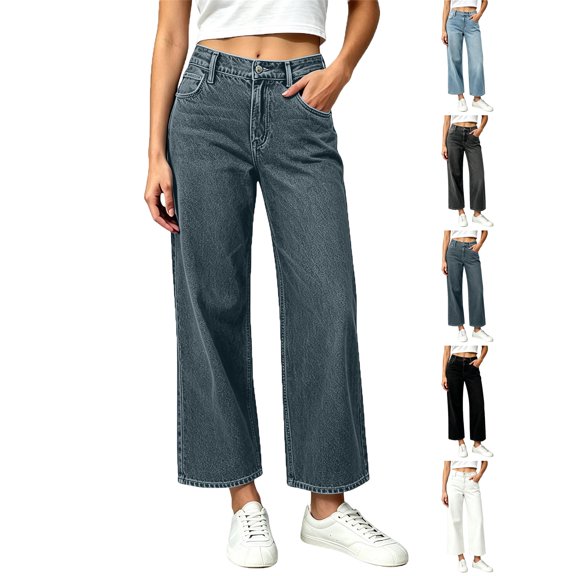 Womens Pants Zeliretfy Women's Straight Leg Jeans High Waisted Stretchy Jeans Wide Leg Denim Pants with Pockets