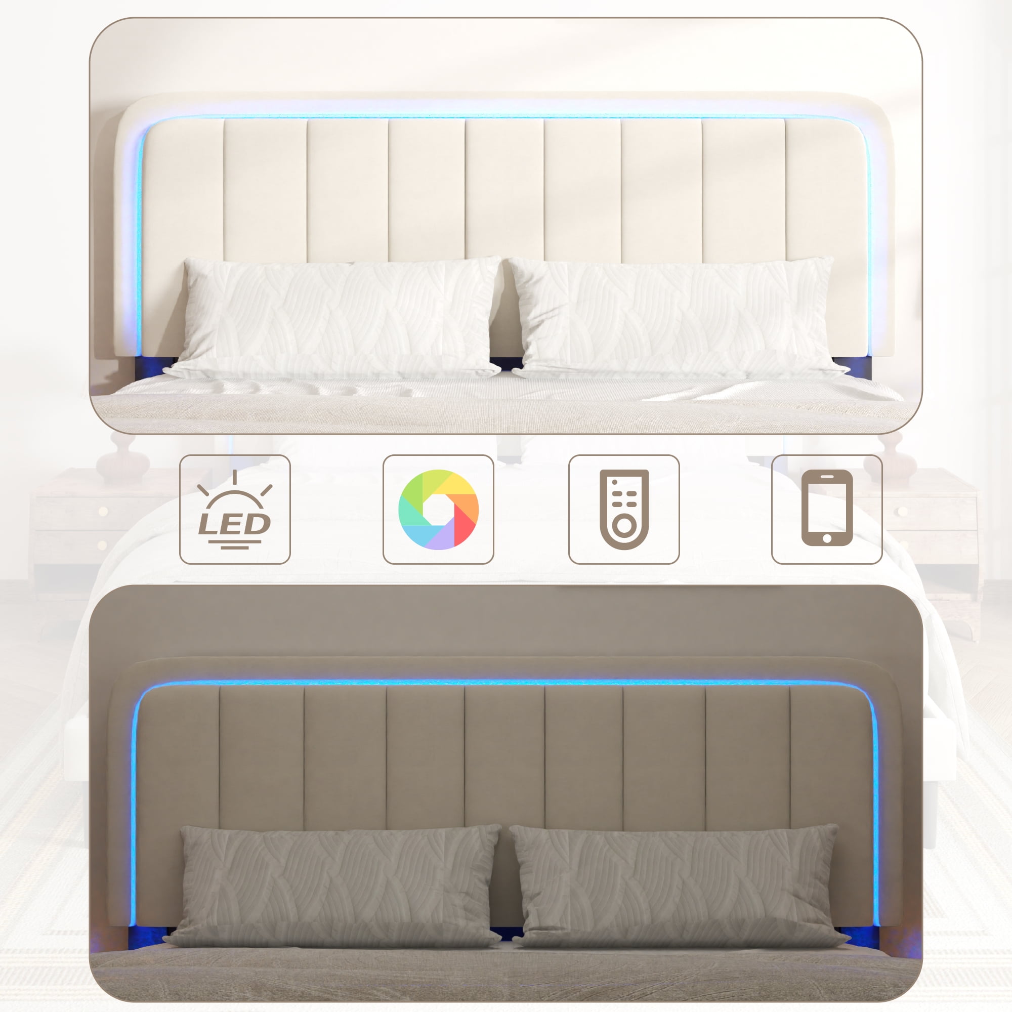 Queen Size Upholstered Bed Frame with Adjustable Headboard, LED Lights, Wooden Slat Support, Velvet Platform Bed, No Box Spring Needed, Easy Assembly, Noise-Free, Beige