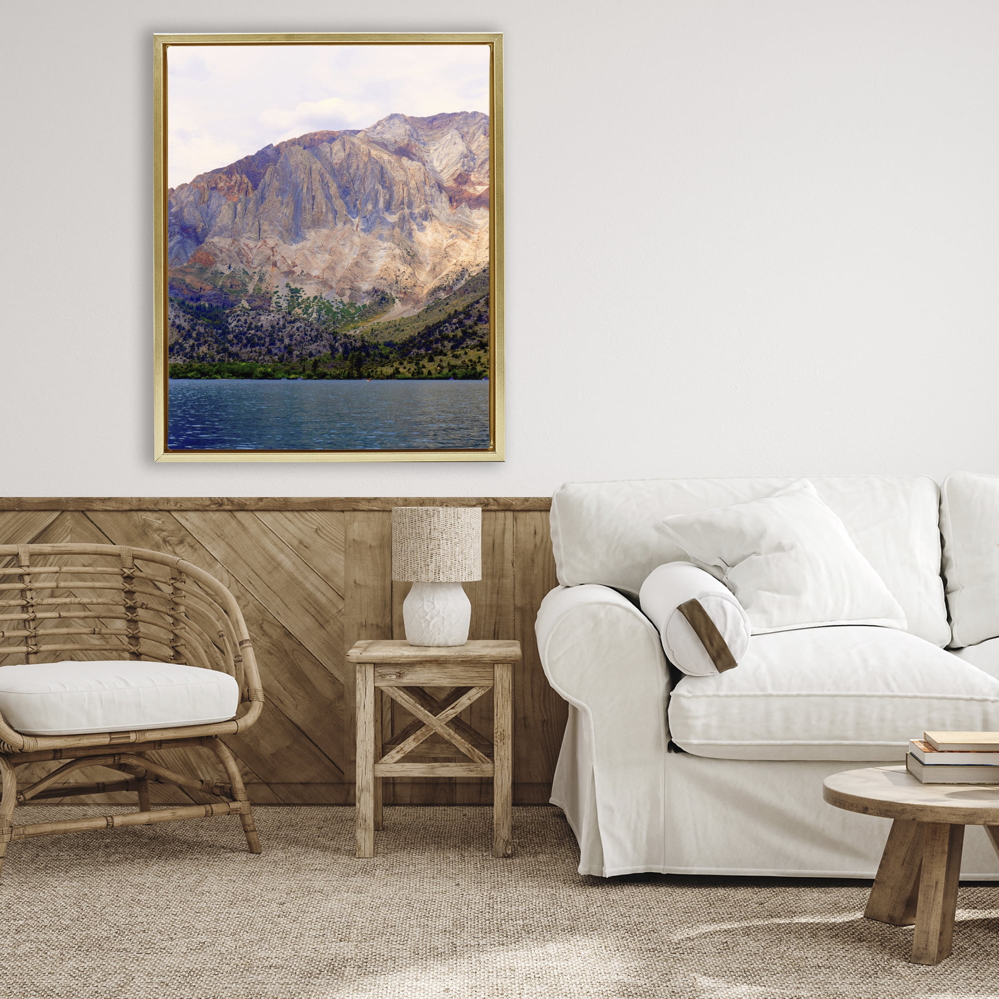 Stupell Industries Serene Lake Beneath Mountains Gold Framed Floater Canvas Wall Art, design by Gemma Bardot