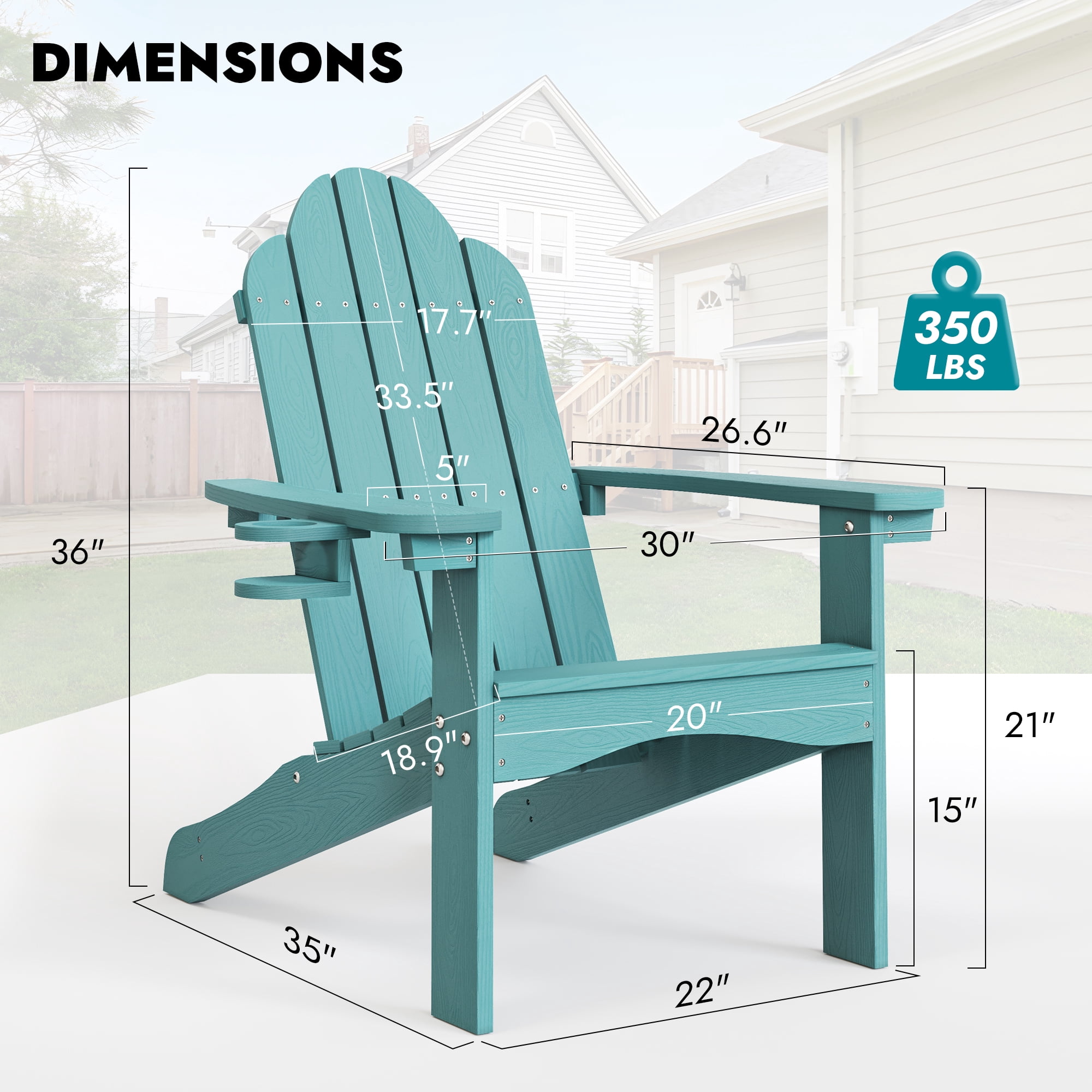 Dycanpo Adirondack Chairs Set of 2 with Cup Holder, 300lbs Weather Resistant, Blue Turquoise