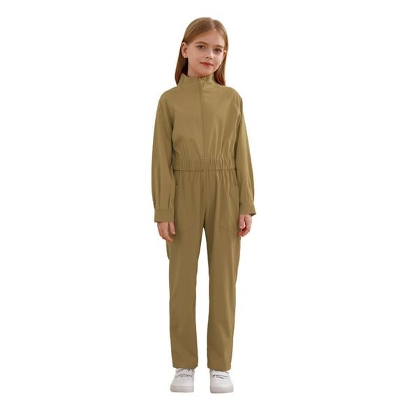 Runhomal Kids Girls Zipper Front Coverall Flight Suit Bodysuit Casual Dungarees Jumpsuit Khaki 12