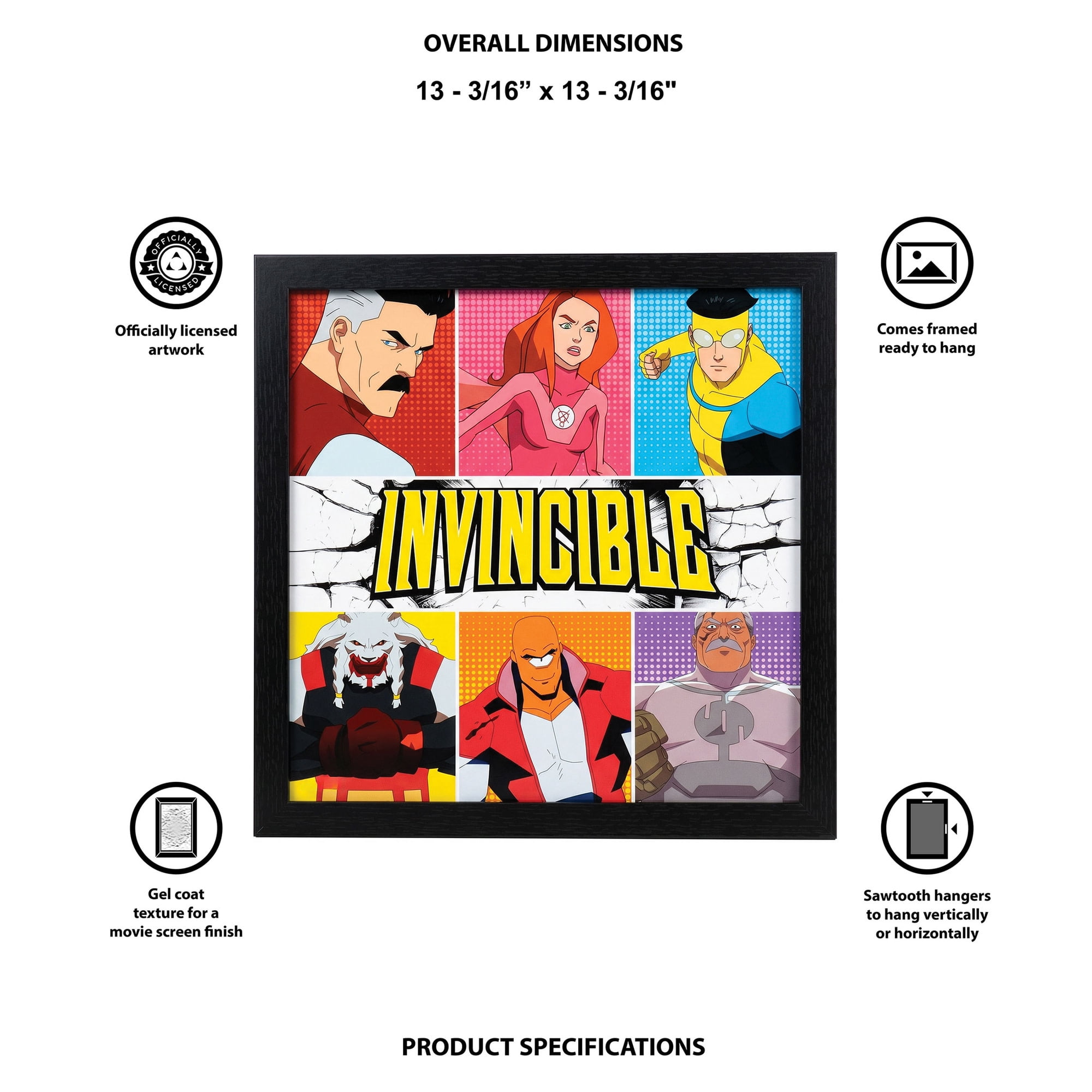 Pyramid : Invincible Character Lineup - 12x12 Framed Gel Coated Print - Animated Series Artwork, Licensed Skybound Wall Decor, Collectible