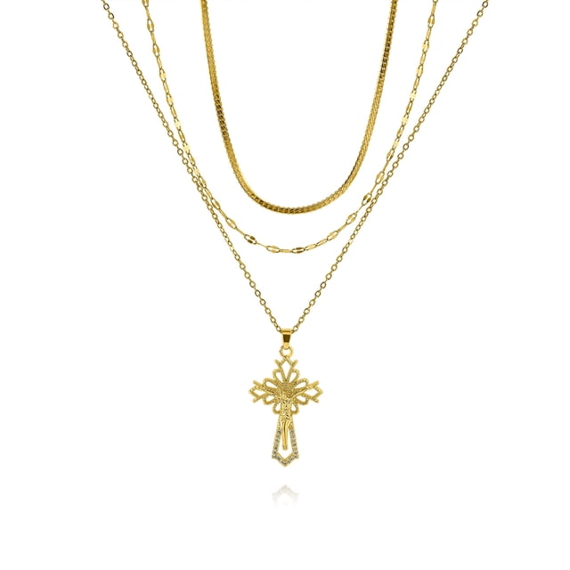 Collares de Moda Multicapa JeenMata Paquete de 3 con Colgante de Cruz Adornado