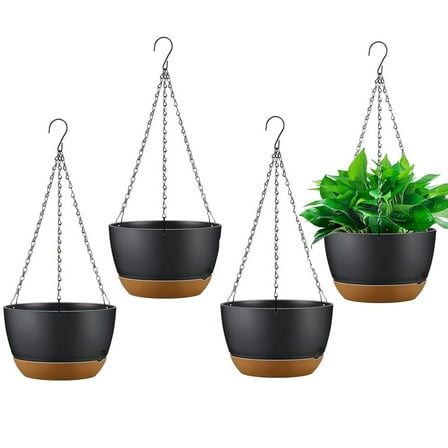 4-Pack Hanging Planters with Drainage & Self-Watering Tray