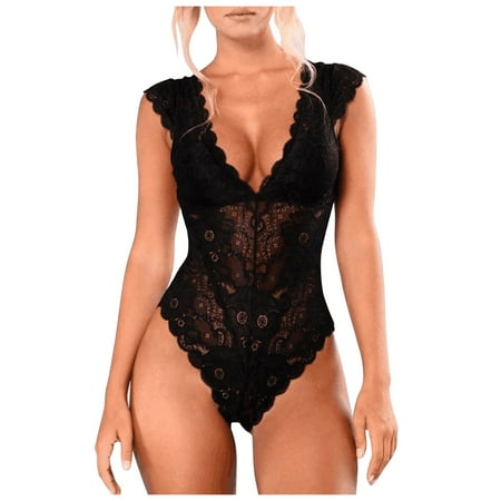 

RPVATI Women s Sexy One Piece Bodysuit Lace Deep V Neck Teddy Lingerie