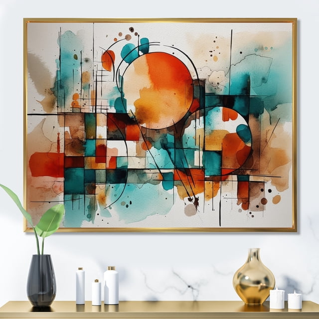 Designart Abstract Geometric Oversized framed wall art decor, Geometric framed wall art, Energetic Geometric Patterns in Orange , Orange Modern Gold framed wall art, 32x24 inches Gold Frame