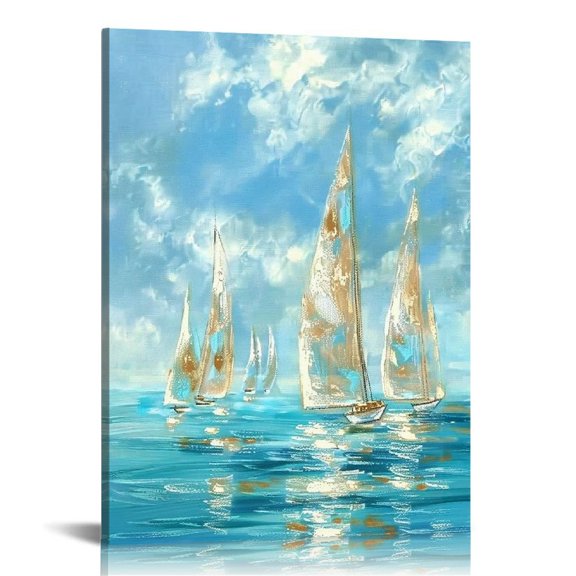 Acheng Marine Paintings Sailing Boats Wall Art: Sailboat Seaview Canvas Artwork with Golden Foil Embellishment Ocean Decorations for office 12x16 in