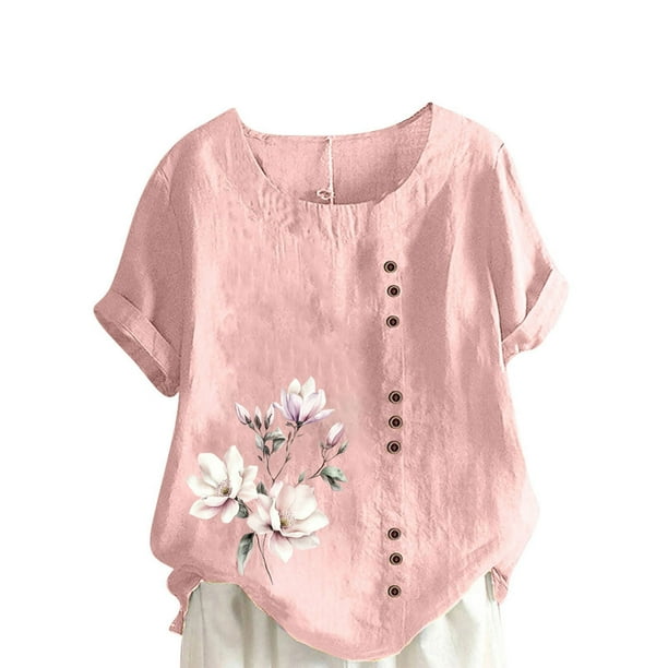 Vestidos Casuales Para Mujer, Blusas De Mujer De Moda Blusa informal de lino con cuello redondo, manga corta y botones para mujer