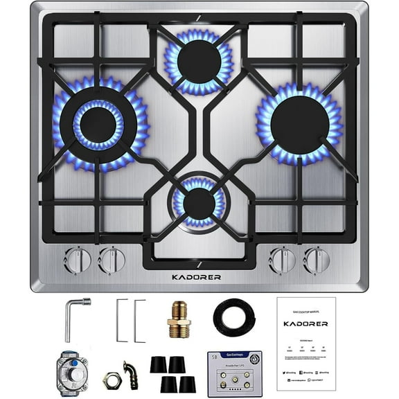 Adorer 24 inch Gas Cooktop, Bulit-in Gas Stove Top with 4 Burner, NG/LPG Convertible Cooktops, Dual Burner Propane Cooktop with Thermocouple Protection, Stainless Steel