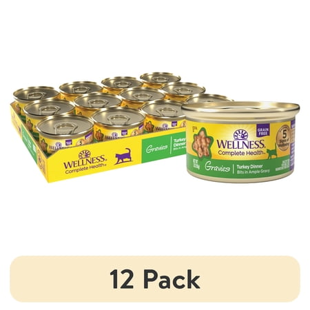 (12 pack) Wellness Complete Health Gravies Adult Canned Wet Cat Food, Natural, Protein Rich, Grain Free, Turkey Dinner Recipe, 3 oz, Pack of 12 Cans