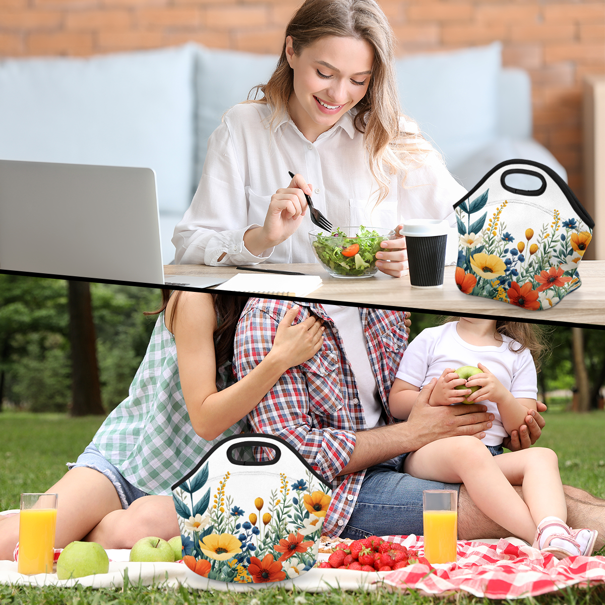 Herdesigns Watercolor Floral Neoprene Lunch Bag, Colorful Flower Insulated Lunch Box for Women Men Washable Lunch Tote Soft Lunch Container With Zipper for Work Picnic Travel