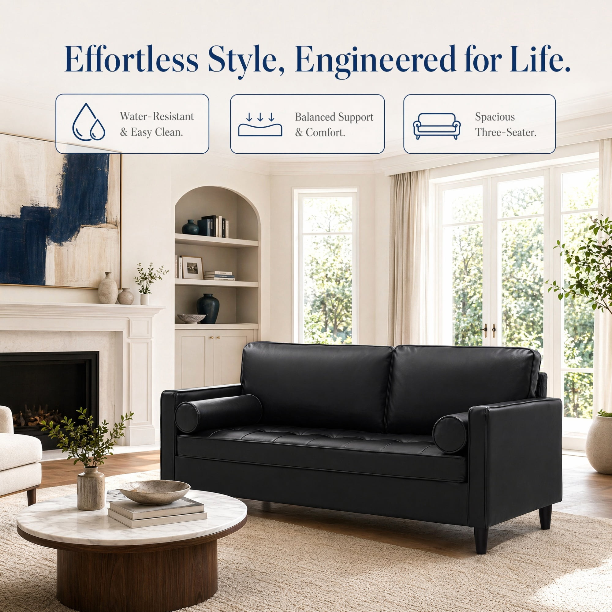 Leumius 74.5"W 3-Seater Sofa Loveseat Sofa Faux Leather Breathable Upholstered Sofa Couch with Solid Wood Legs for Living Room, Apartment & Office,Black