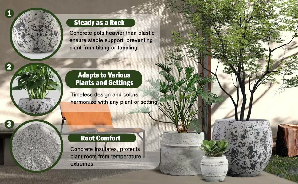 Craft flowerpots 18"+13"+19" Dia Round Concrete Planter Set of 3 Large Outdoor/Indoor Planter Pots Containers with Drainage Holes and Rubber Plug for Home Garden (White, Large)