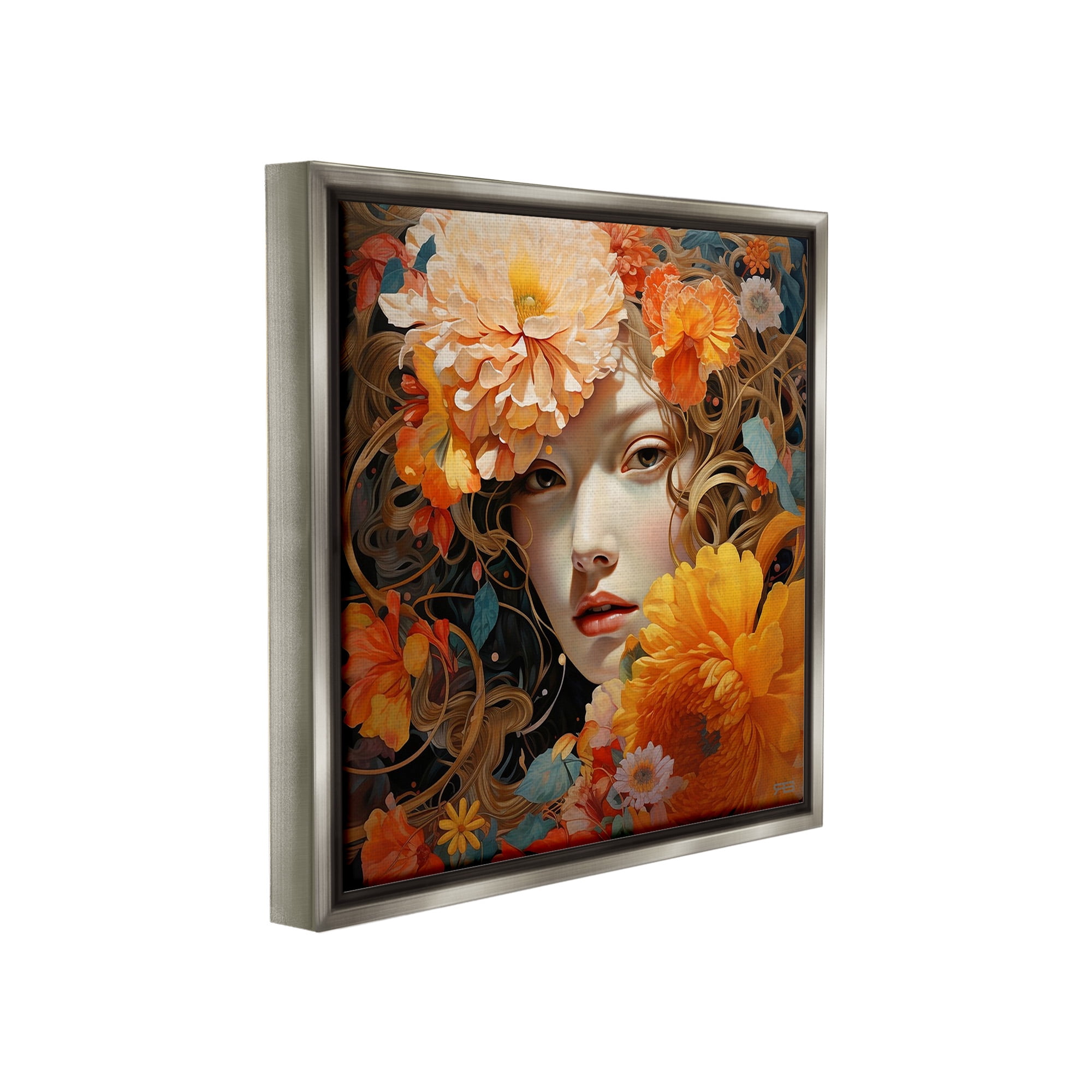 Stupell Industries Woman & Scattered Blossoms Botanical & Floral Painting Gray Floater Framed Canvas Art Print Wall Art, 25 x 25