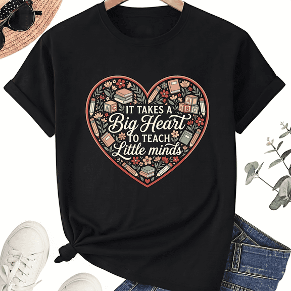 Big Heart Classroom Preschool Teacher T-Shirt for Women, 100% Cotton Crew Neck Short Sleeve Shirt, Floral ABC Graphic