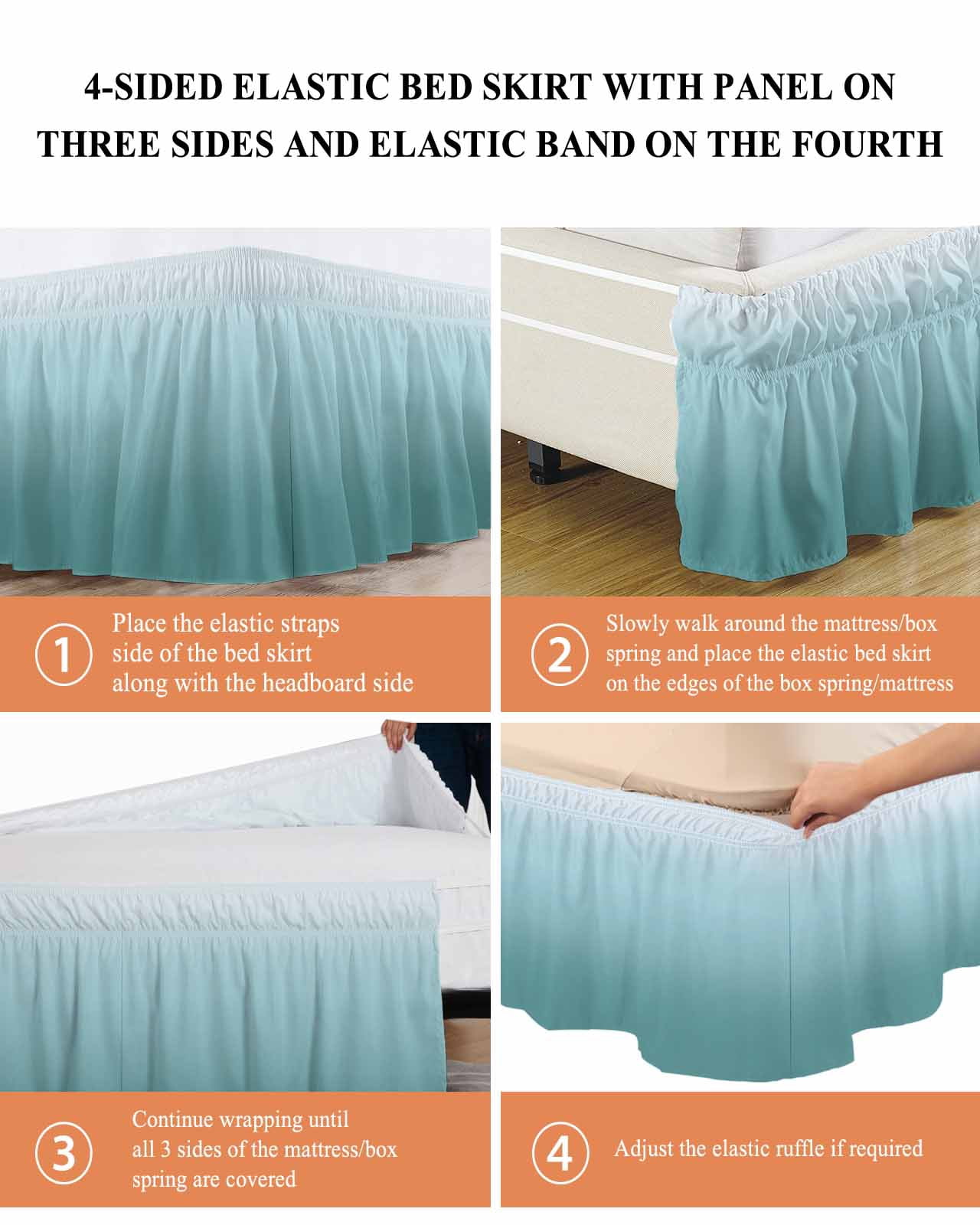 Turquoise Green Bed Skirt King Size 16" Drop Gradient Color Ruffled Wrap Around Bed Skirts Adjustable Elastic Bedskirt Dust Ruffle for King Size Bed
