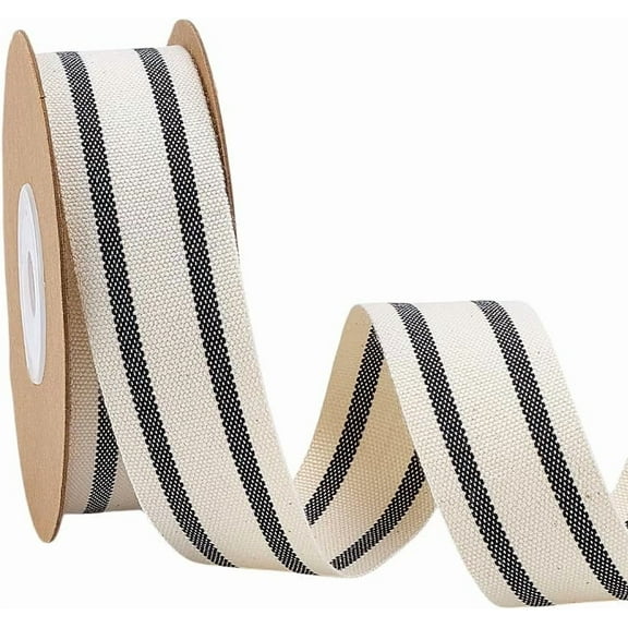 PH 10 Yards Cotton Stripe Ribbon Black Cotton Webbing 1 inch Farmhouse Ribbons Stripes Fabric Ribbons Fabric Trim Roll for Gift Wrapping Home Decor Crafts Bouquet Black DIY