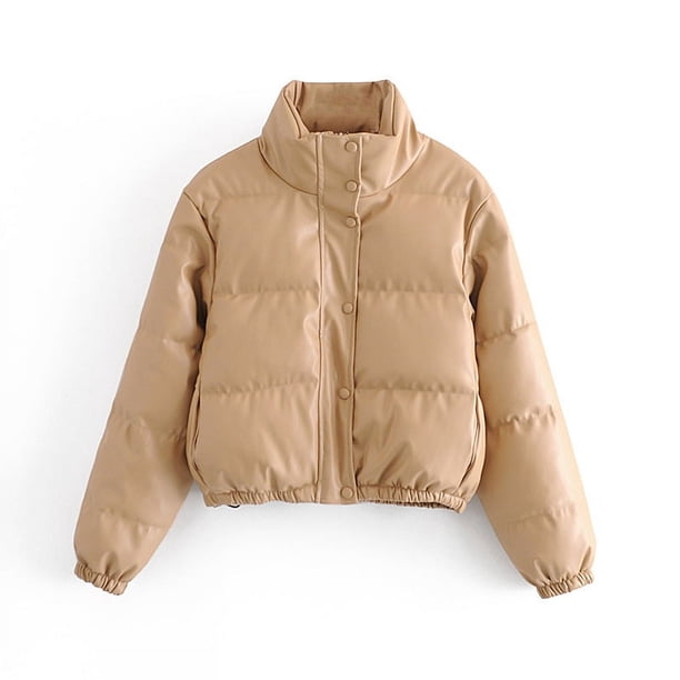 Abrigos gruesos de cuero PU para mujer, Parkas cortas, chaqueta acolchada de algodón negro, ropa elegante con cremallera, invierno, 2023