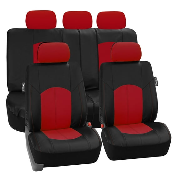 FH Group, Red Black Deluxe Leather Seat Covers Full Set w/ Free Air Freshener, Airbag Compatible / Split Bench Covers