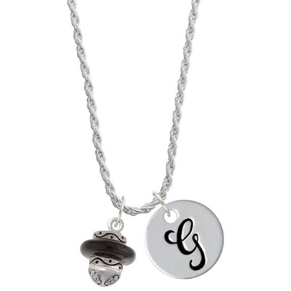 Delight Jewelry Silvertone Black Center Spinner Silvertone Script Initial Disc - G - Charm Necklace, 20"+3"
